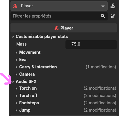The Player node in the Godot Inspector: the Audio SFX group with Torch on, Torch off, Footsteps and Jump sub-groups