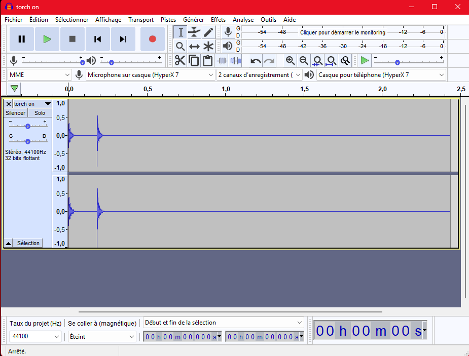 A "torch on" clip in Audacity: a short burst near the start, then ~2 seconds of empty silence to the end