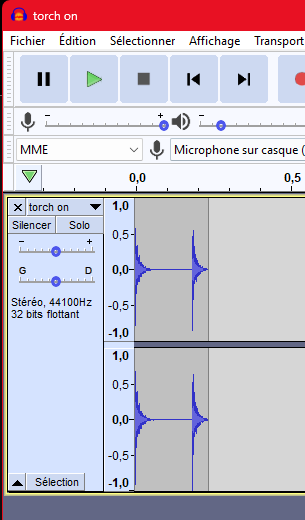 The same "torch on" clip trimmed tight: the waveform fills the whole (short) file, no trailing silence