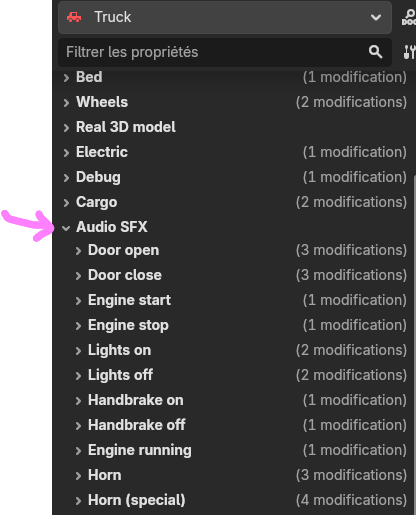 The Truck node in the Godot Inspector: the Audio SFX group listing Door open/close, Engine start/stop, Lights on/off, Handbrake on/off, Engine running, Horn and Horn (special)