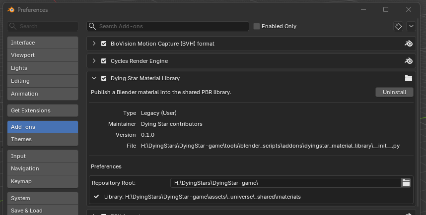 Blender Preferences, Add-ons tab: the "Dying Star Material Library" entry expanded, showing its Repository Root preference set to the repository clone and a green check line confirming the library folder it resolved to