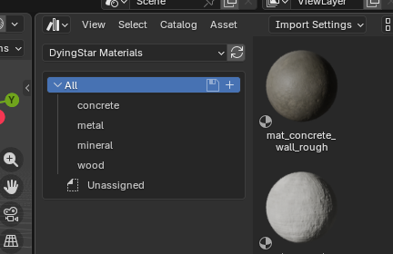 The Blender Asset Browser with the DyingStar Materials library selected: catalogs concrete, metal, mineral and wood in the left column, and material previews on the right, the first labelled mat_concrete_wall_rough