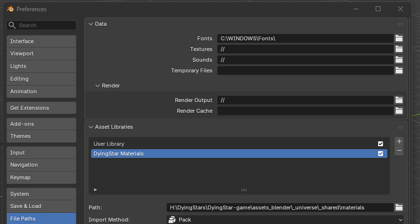 Blender Preferences, File Paths tab after the change: a second entry named "DyingStar Materials" is selected in the Asset Libraries list, its Path pointing at assets_blender/_universe/_shared/materials in the clone