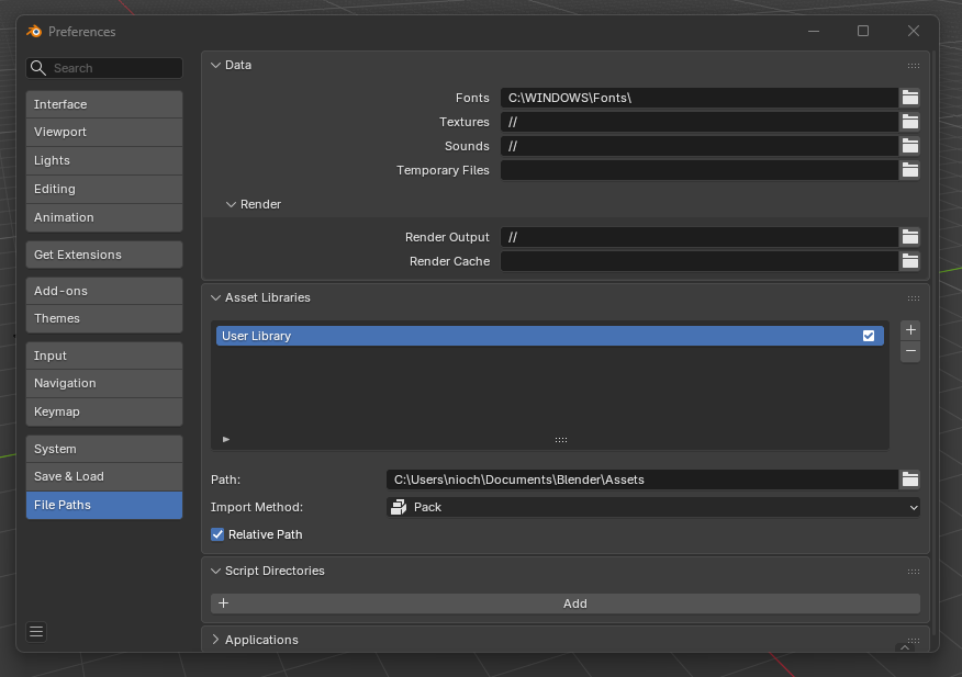 Blender Preferences, File Paths tab before the change: the Asset Libraries list holds only the default "User Library", with the + button on its right