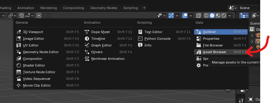 The Blender Editor Type menu open, with "Asset Browser" highlighted in the Data column and its shortcut Shift+F1