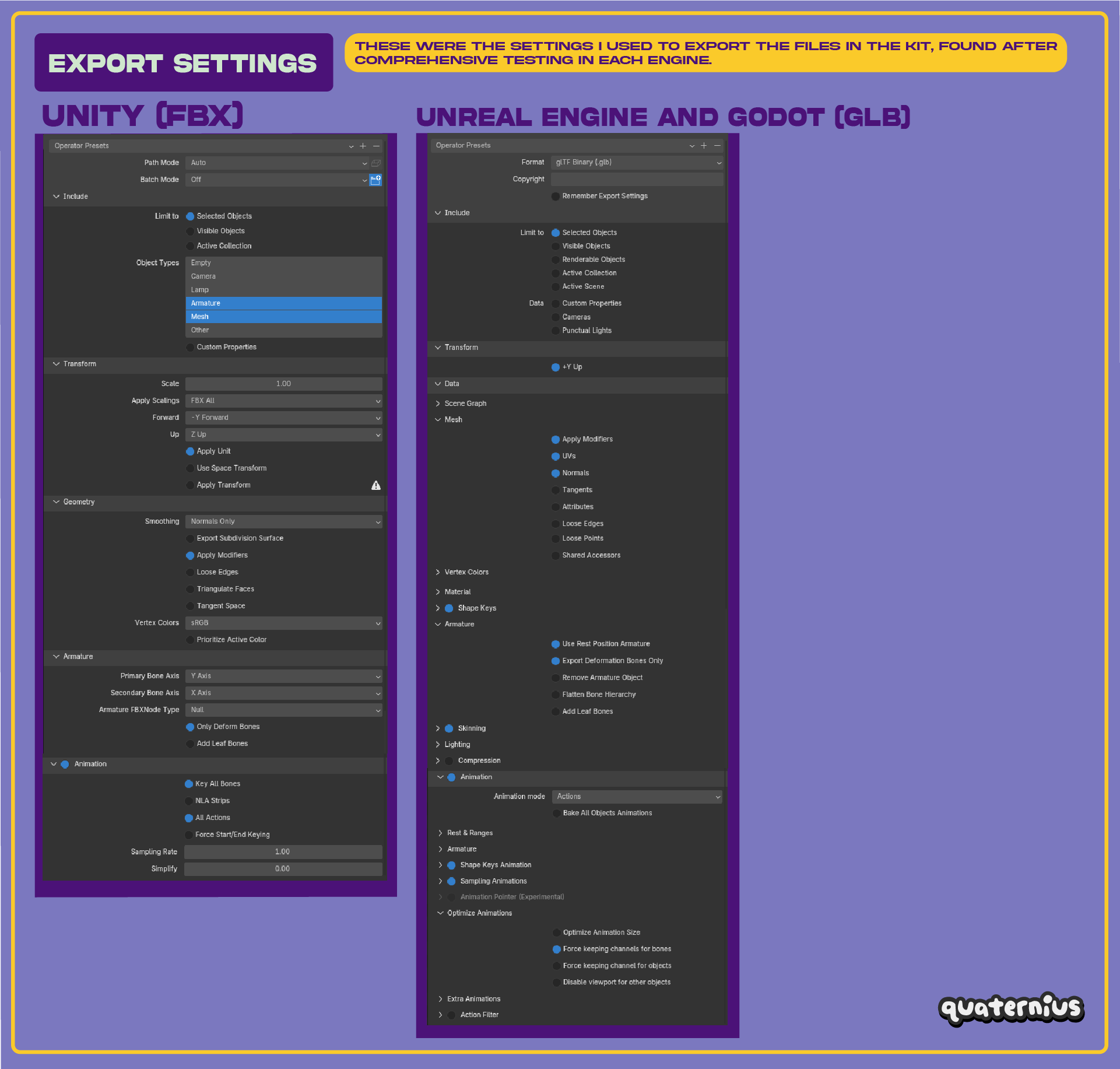 Blender glTF (.glb) export settings used for the Quaternius kit: Animation mode "Actions", +Y Up, Use Rest Position Armature, Force keeping channels for bones