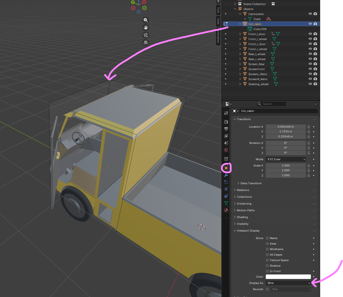Collision col_ pieces shown as wireframe in Blender