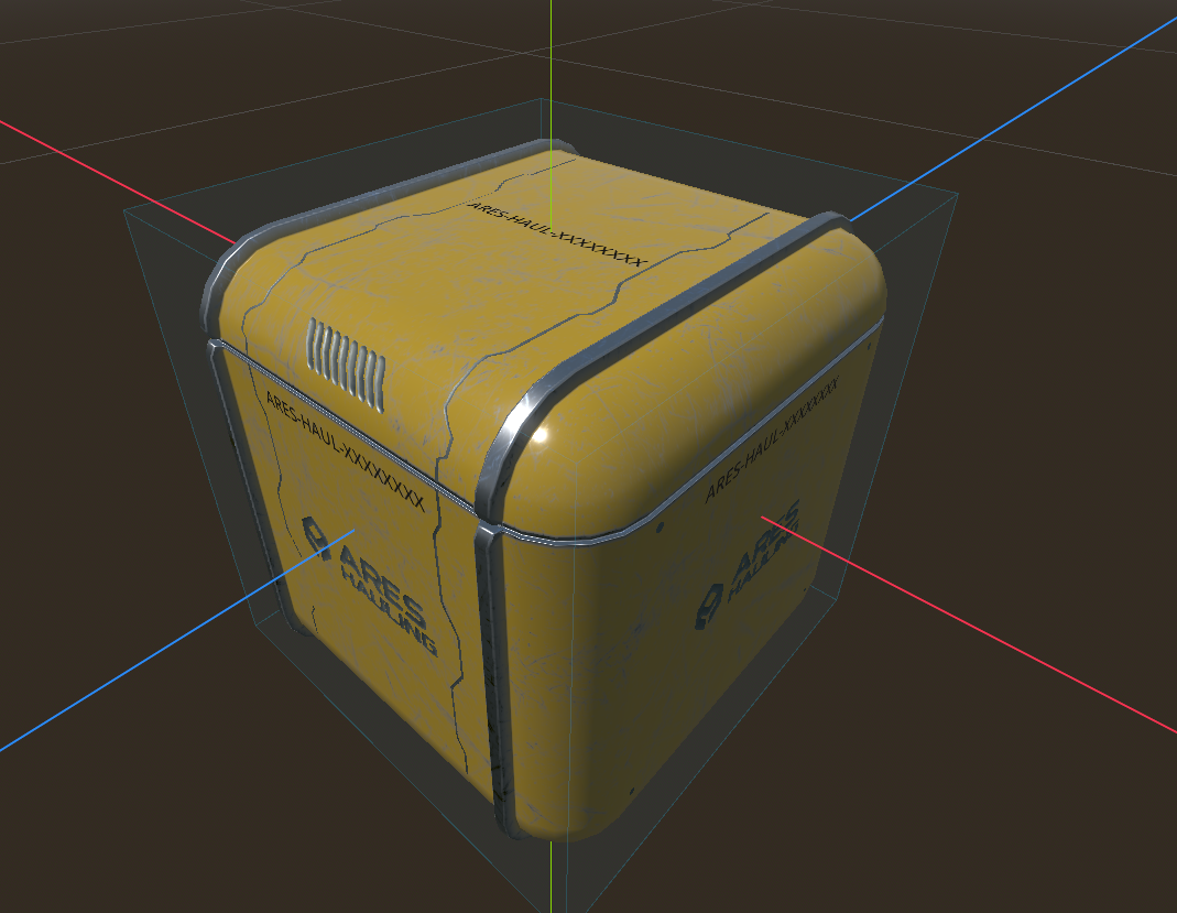 The hauling box in the Godot viewport with an id-frame on each face, showing the ARES-HAUL-XXXXXXXX placeholder before runtime fills in the real id
