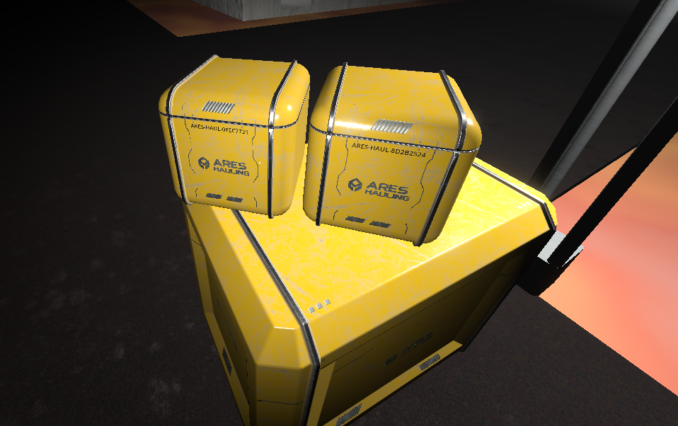 Two Ares Hauling boxes in-game, each printed with its own id — ARES-HAUL-0FEC7731 and ARES-HAUL-8D2B2524