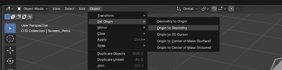 Object → Set Origin menu in Blender
