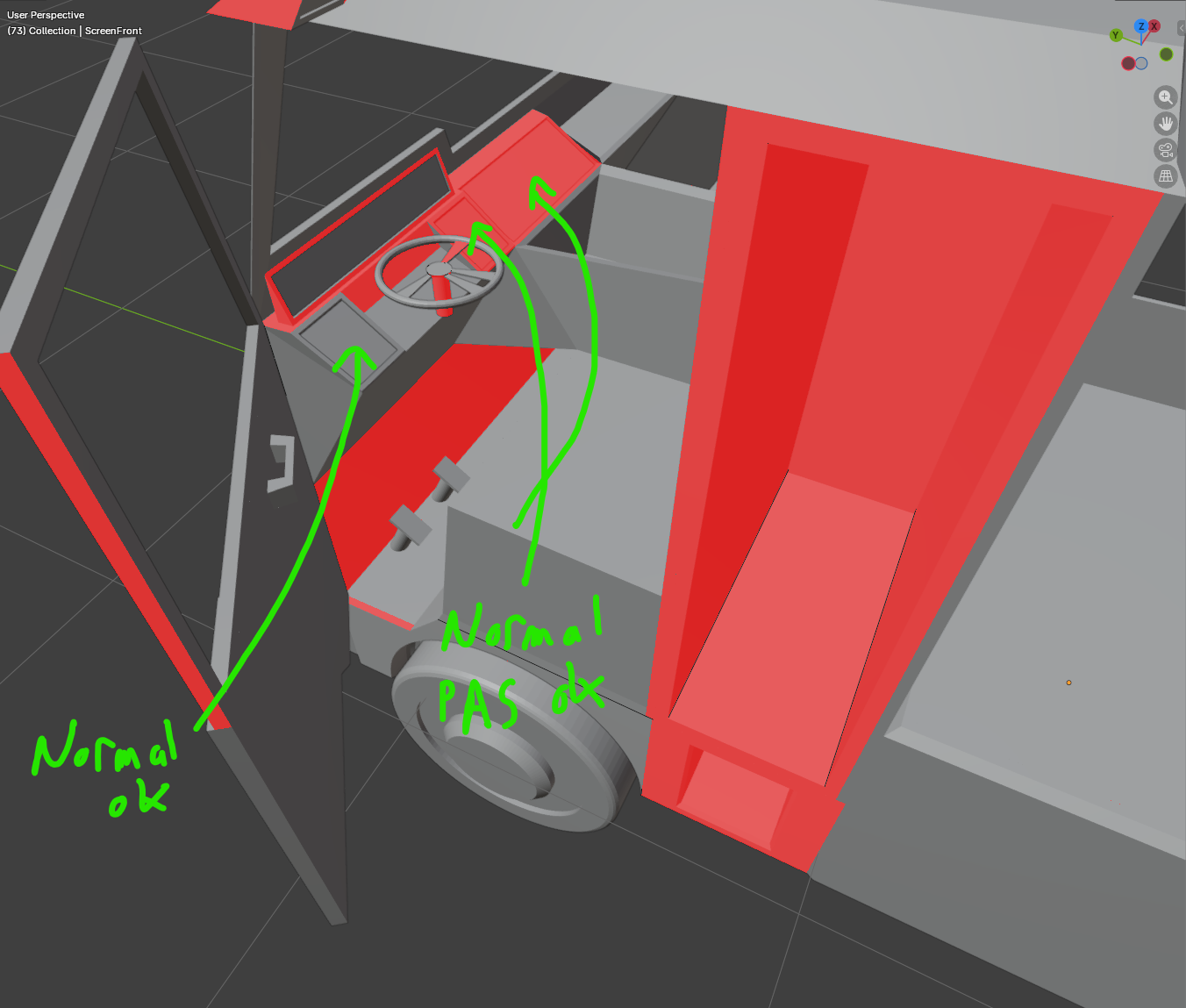 Screen face red (back-facing) — Face Orientation overlay