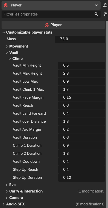 The Player node's Vault / Climb export knobs in the Godot Inspector, with their default values (min/max height, low max, climb-1 max, face margin, reach, land forward, over distance, arc margin, the three durations, cooldown, step-up reach and duration)