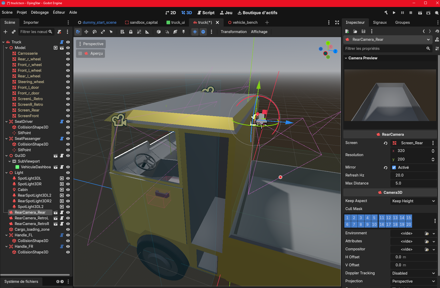 Setting up a rear camera and linking it to a model screen mesh