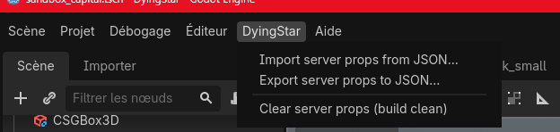 The DyingStar menu in the editor menu bar, with its five server-props items