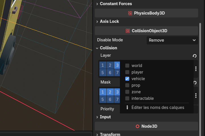 The truck's collision Layer: only "vehicle" is ticked