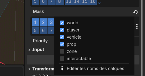 The truck's collision Mask: world, player, vehicle and prop are ticked; zone and interactable are off