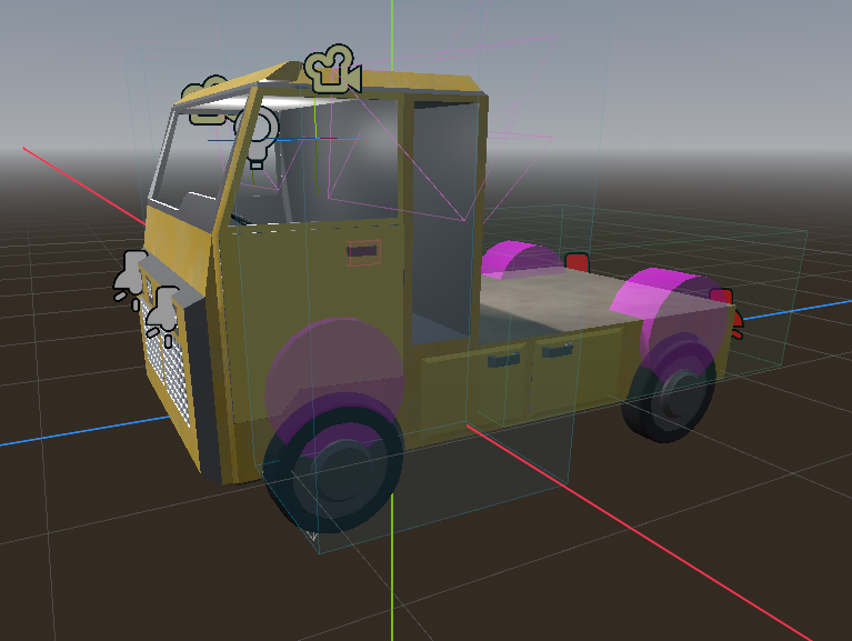 Truck in the Godot editor: magenta markers sitting above and behind the wheel meshes
