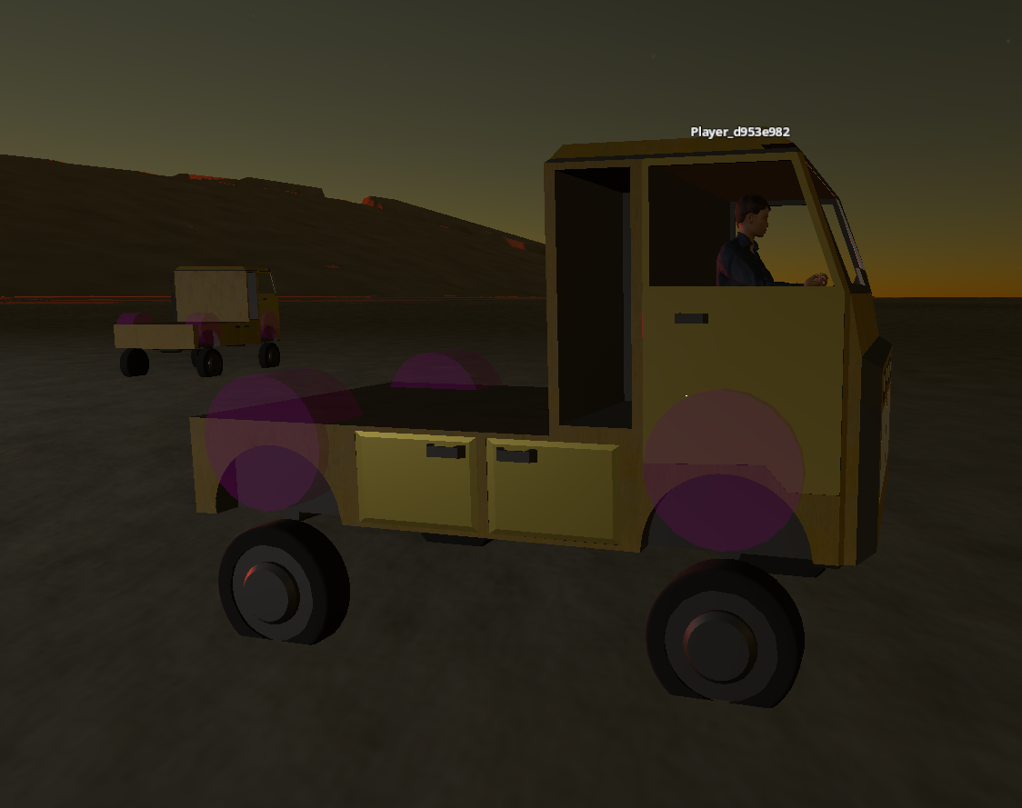 The same truck in game, seen by a client: the magenta markers sit at deck height while the wheels rest on the ground